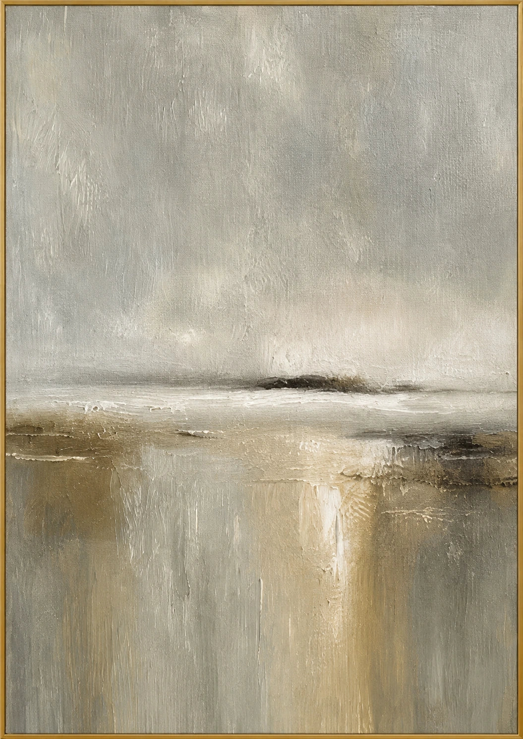 Mistbound Horizon | Hand-Painted Abstract Landscape Oil Painting | Complete artwork front view with narrow champagne gold fine frame