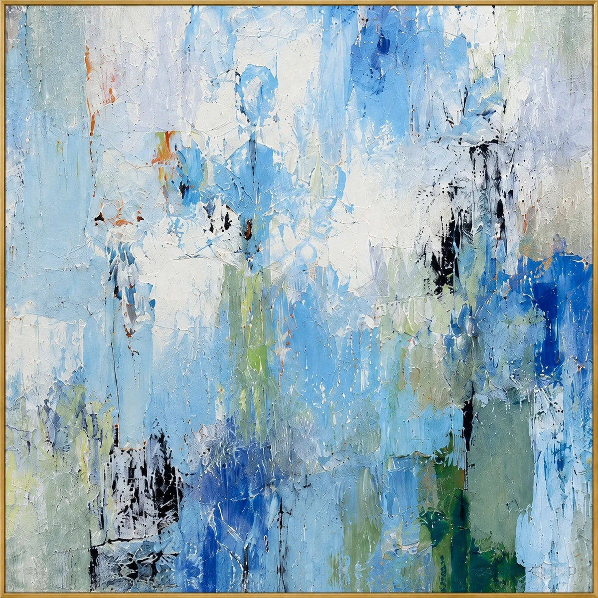 Blue Haze | Hand-Painted Abstract Oil Painting | Complete artwork front view with narrow champagne gold fine frame