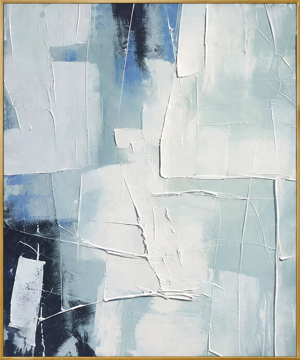 Blue Frost | Hand-Painted Abstract Oil Painting | Complete artwork front view with narrow champagne gold fine frame