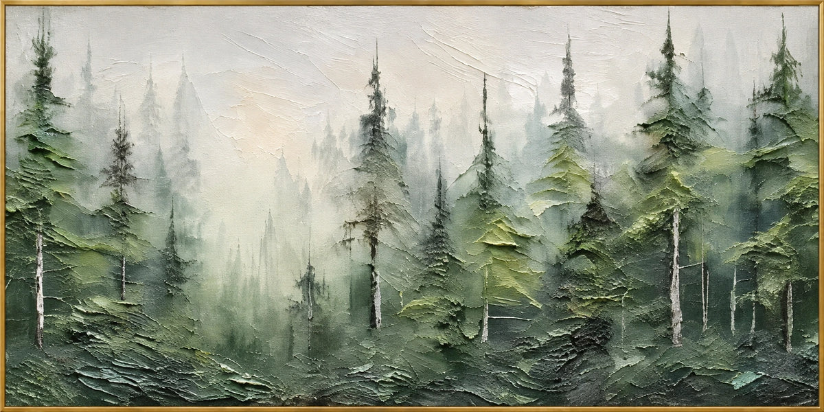 Misty Pines | Hand-Painted Forest Landscape Oil Painting | Complete artwork front view with narrow champagne gold fine frame