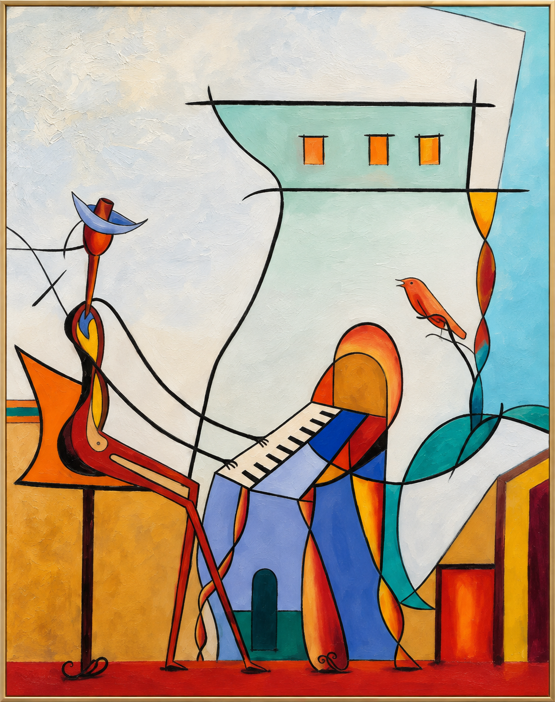 Salon | Hand-Painted Figurative Oil Painting | Complete painting, narrow champagne bronze-gold frame, front view