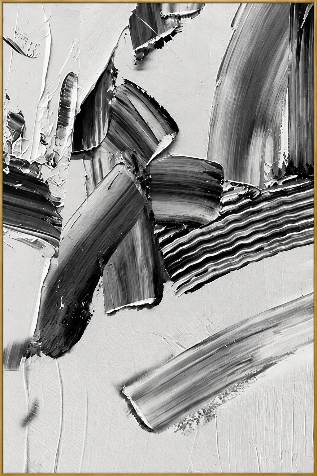 Monochrome Motion | Hand-Painted Abstract Oil Painting | Complete artwork front view with narrow champagne gold fine frame