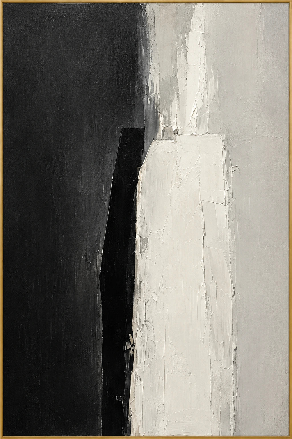 Monochrome Threshold | Hand-Painted Abstract Oil Painting | Complete artwork front view with narrow champagne gold fine frame