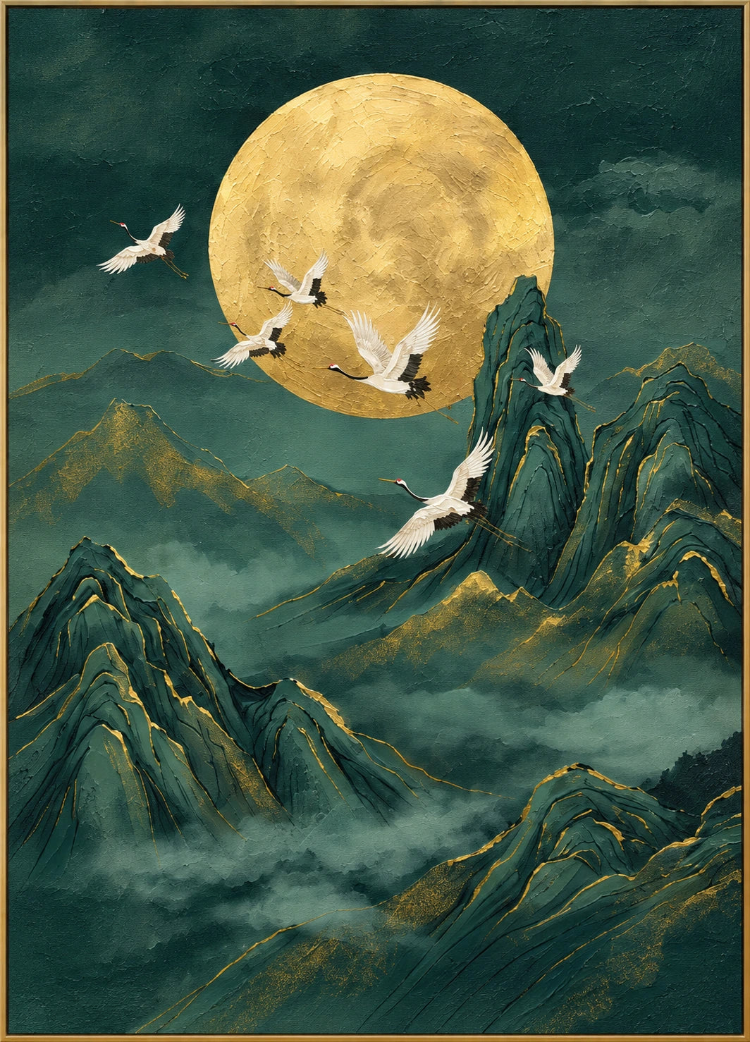 Moonlit Cranes | Hand-Painted Wildlife Oil Painting | Complete artwork front view with narrow champagne gold fine frame