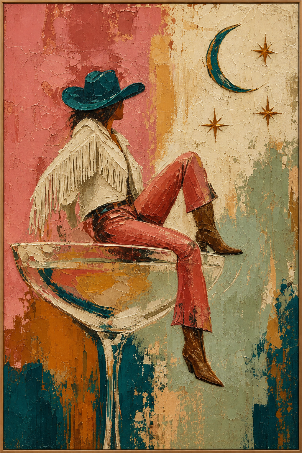 Crescent Cowgirl | Hand-Painted Cowgirl Oil Painting | Complete painting, narrow champagne bronze-gold frame, front view
