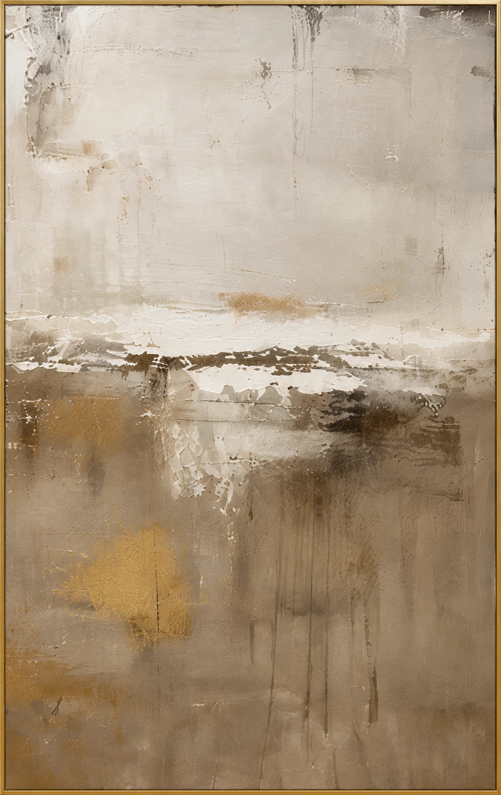 Muted Reflection | Hand-Painted Abstract Landscape Oil Painting | Complete artwork front view with narrow champagne gold fine frame