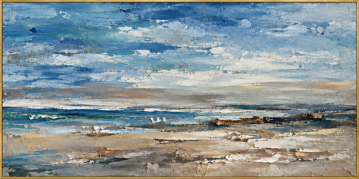Water and Sky | Hand-Painted Seascape Oil Painting | Complete artwork front view with narrow champagne gold fine frame