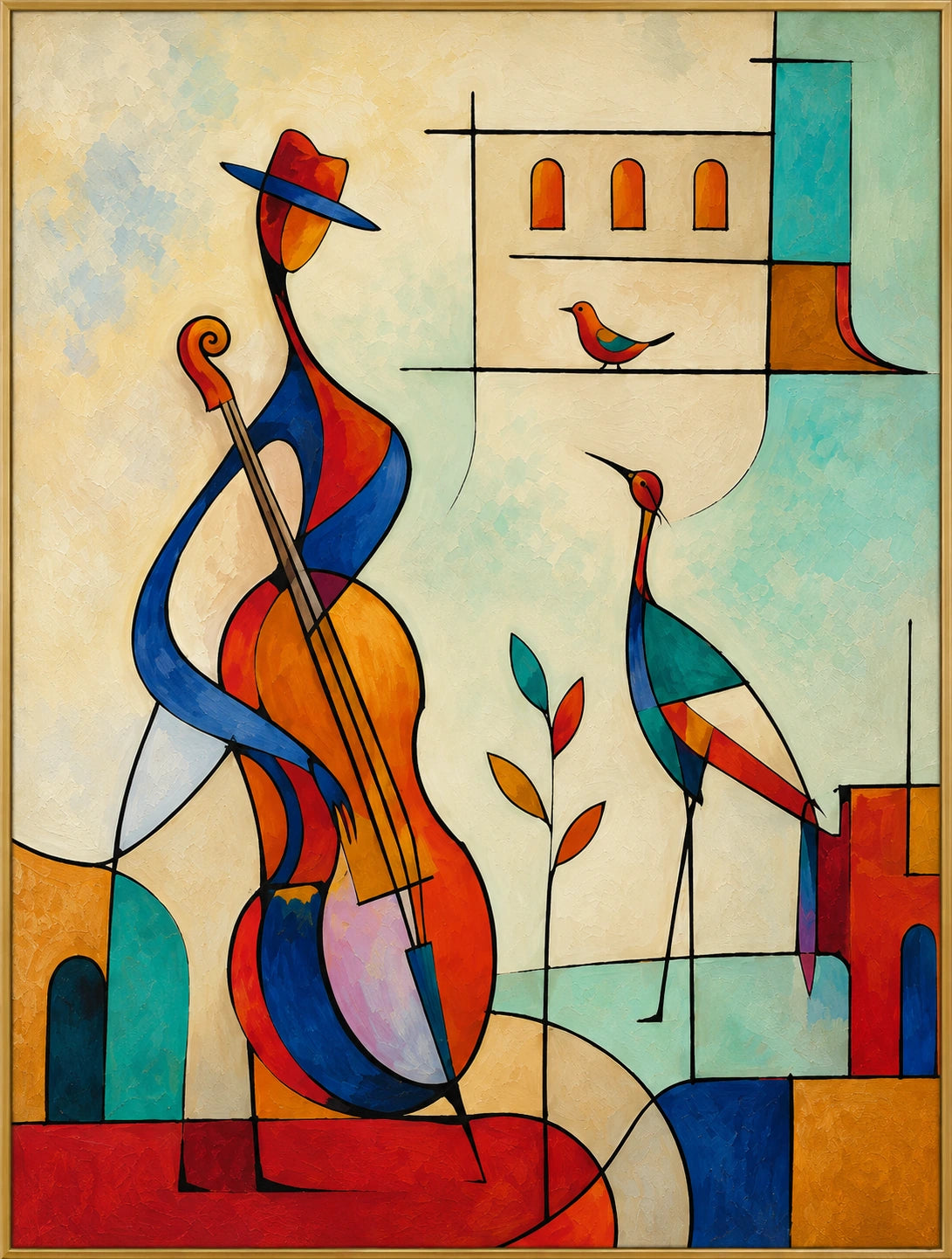Cubist Serenade | Hand-Painted Musical Still Life Oil Painting | Complete artwork front view with narrow champagne gold fine frame