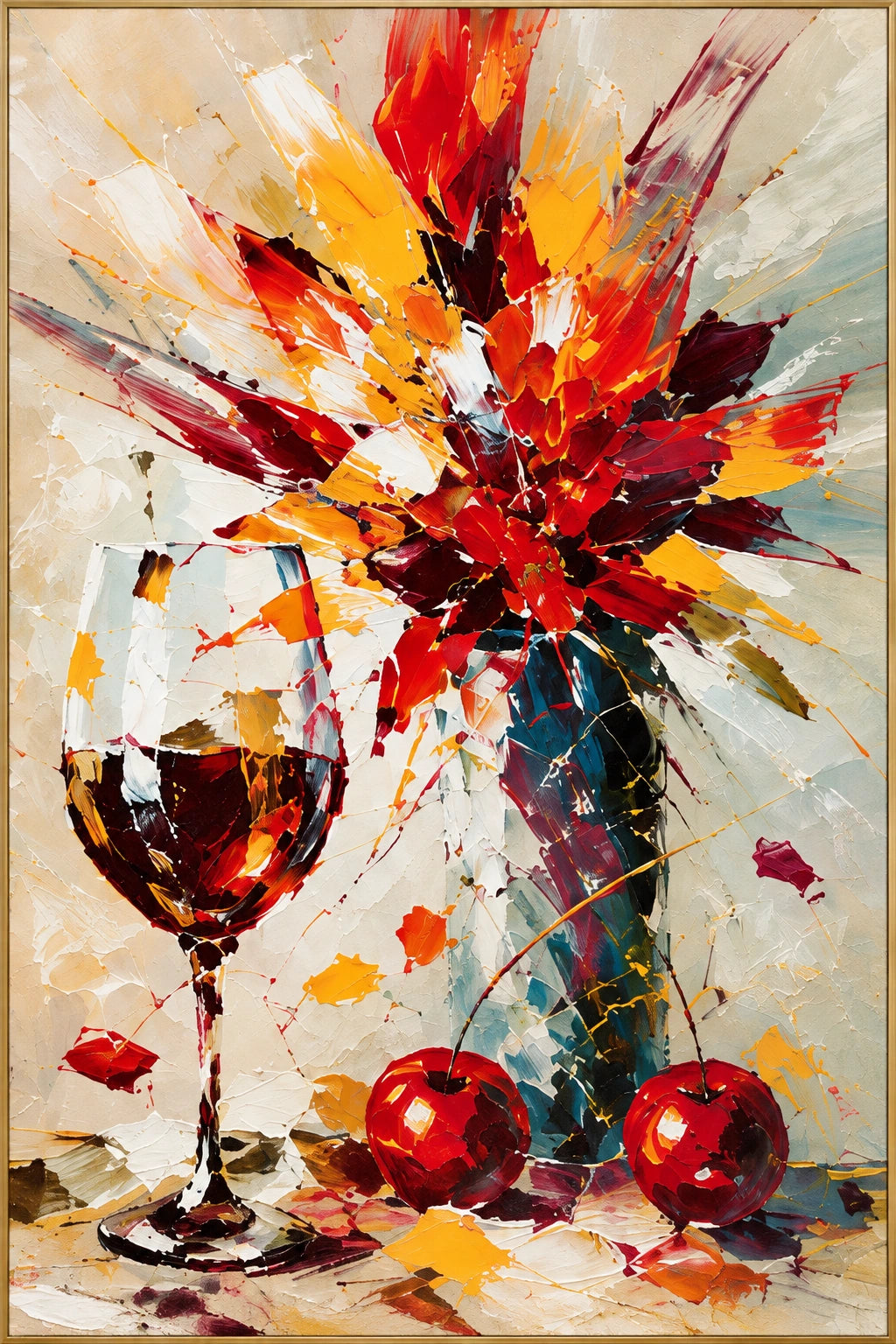 Crimson Burst | Hand-Painted Abstract Oil Painting | Complete artwork front view with narrow champagne gold fine frame