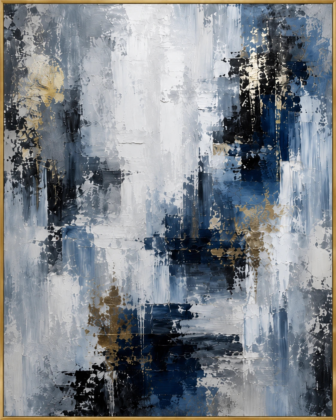 Midnight Cascade | Hand-Painted Abstract Oil Painting | Complete artwork front view with narrow champagne gold fine frame