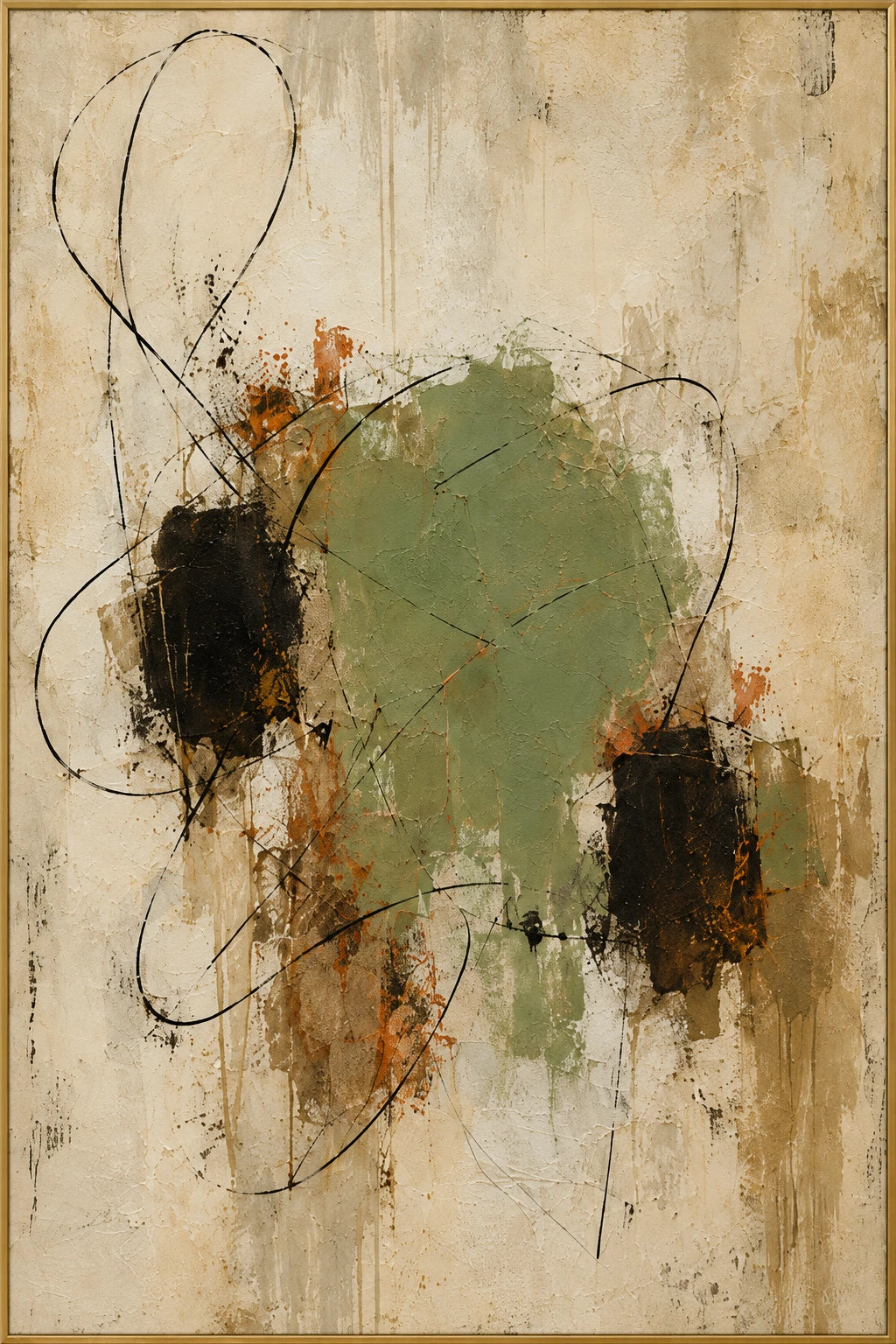 Sage and Earth | Hand-Painted Abstract Oil Painting | Complete artwork front view with narrow champagne gold fine frame