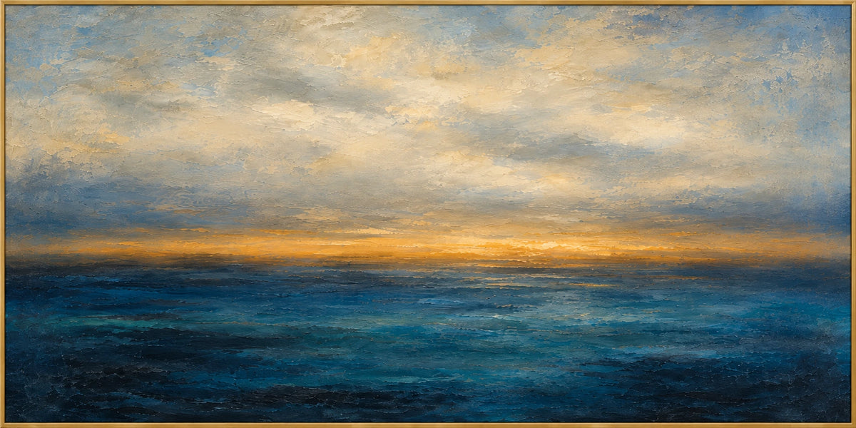 Golden Horizon | Hand-Painted Seascape Oil Painting | Complete artwork front view with narrow champagne gold fine frame