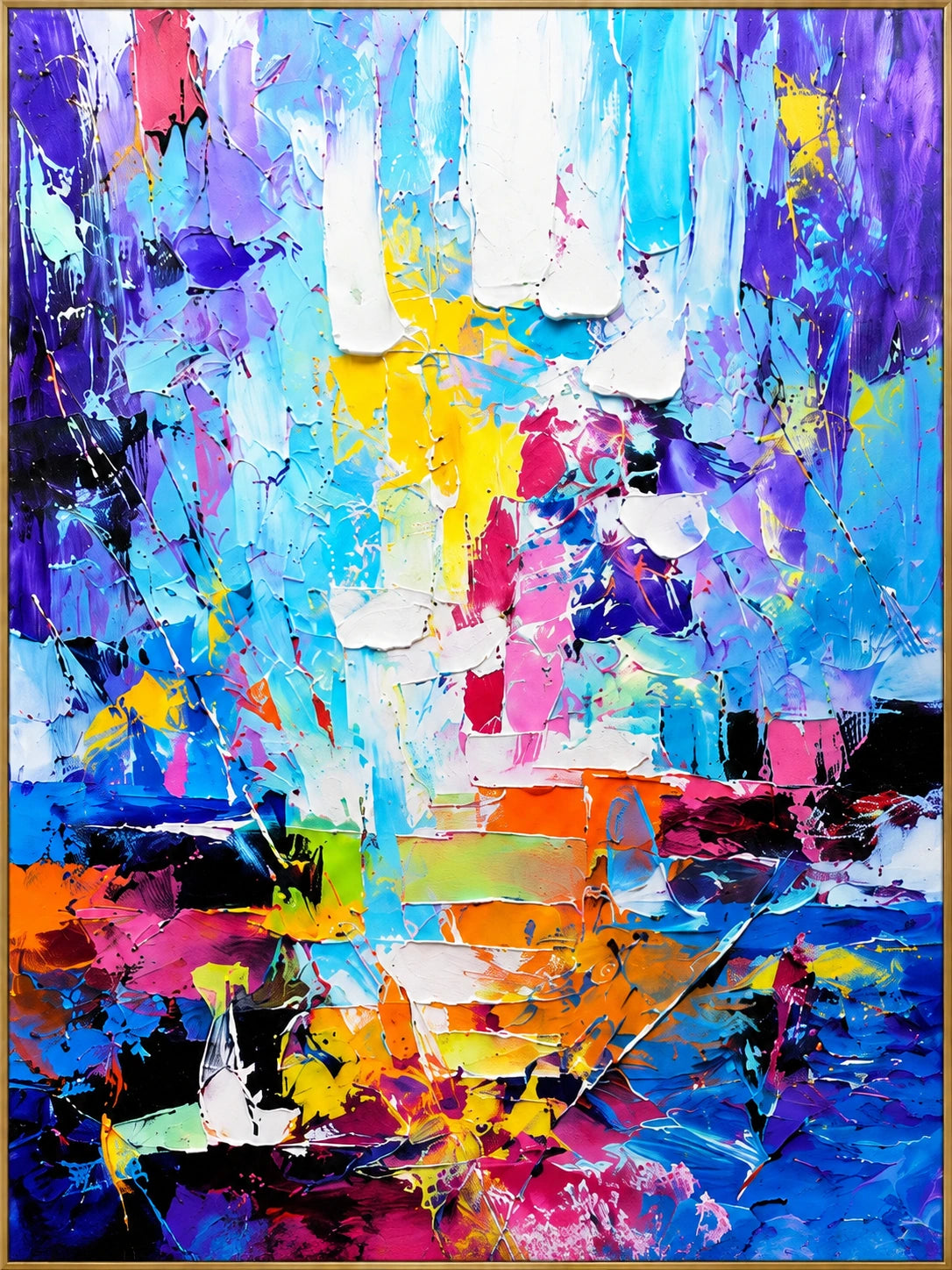Color Storm | Hand-Painted Abstract Oil Painting | Complete artwork front view with narrow champagne gold fine frame