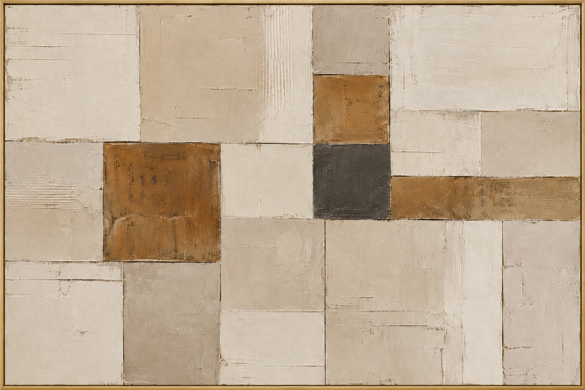 Earthen Mosaic | Hand-Painted Abstract Oil Painting | Complete artwork front view with narrow champagne gold fine frame