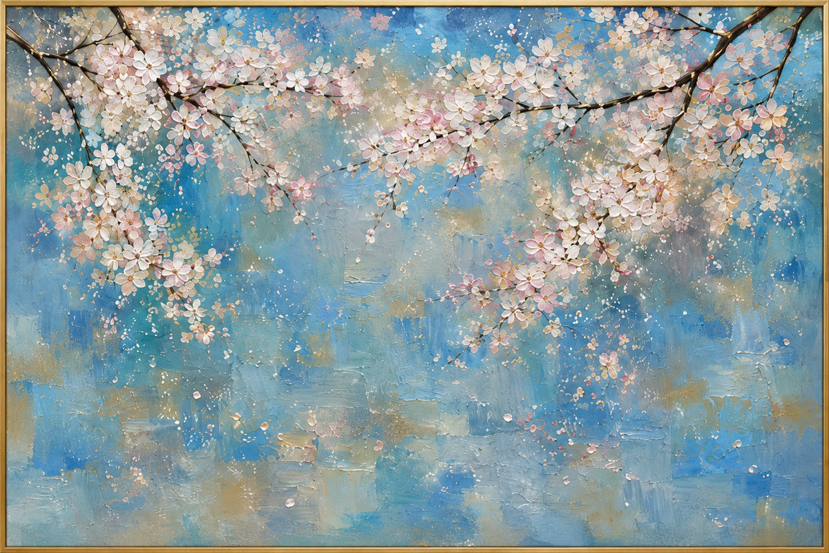 Petal Haze | Hand-Painted Abstract Floral Oil Painting | Complete artwork front view with narrow champagne gold fine frame
