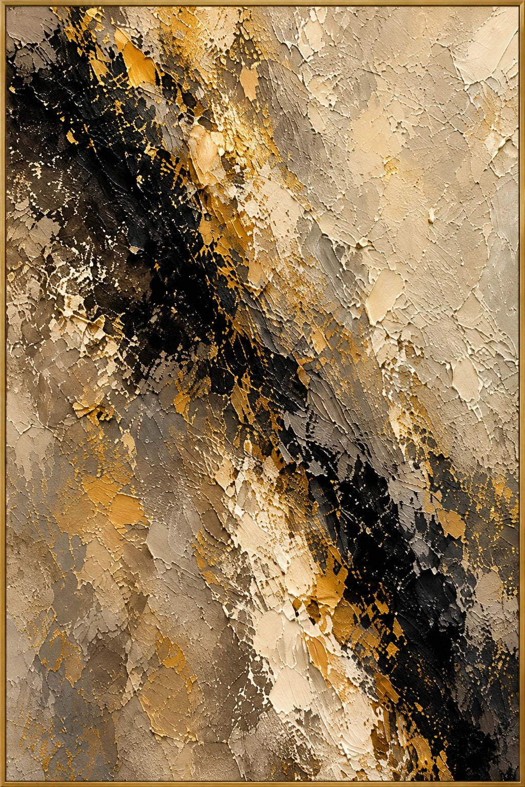 Gilded Rift | Hand-Painted Abstract Oil Painting | Complete artwork front view with narrow champagne gold fine frame