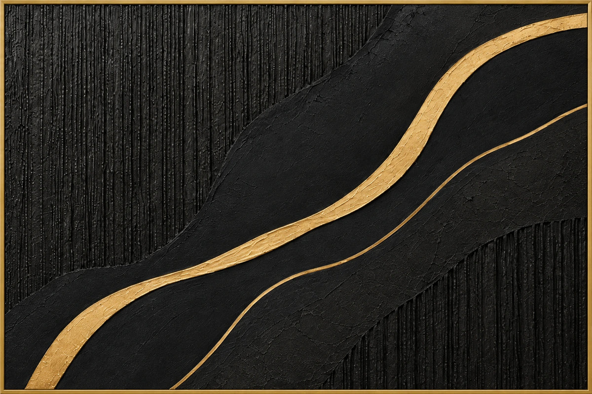 Onyx Ribbon | Hand-Painted Abstract Oil Painting | Complete artwork front view with narrow champagne gold fine frame
