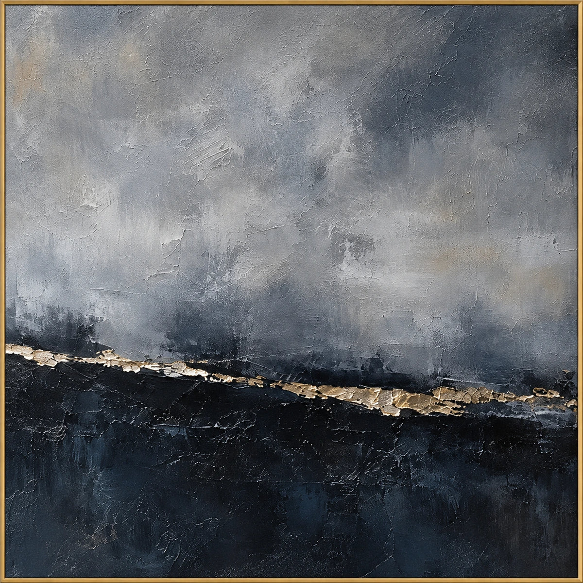 Nocturne Shore | Hand-Painted Seascape Oil Painting | Complete artwork front view with narrow champagne gold fine frame