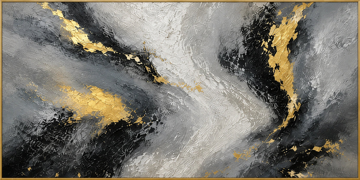 Obsidian Veil | Hand-Painted Abstract Oil Painting | Complete artwork front view with narrow champagne gold fine frame