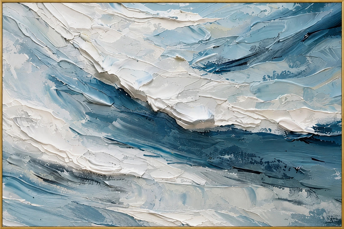 Rolling Blue Swells | Hand-Painted Seascape Oil Painting | Complete artwork front view with narrow champagne gold fine frame