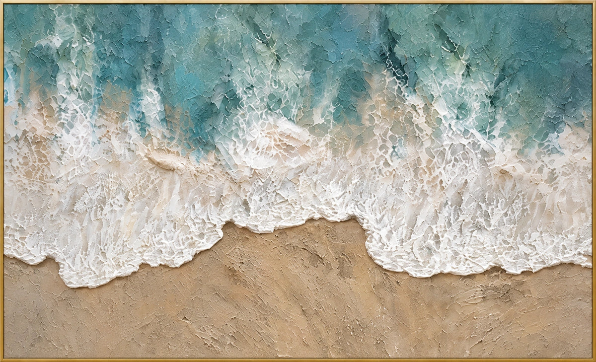 Waterline Lace | Hand-Painted Coastal Abstract Oil Painting | Complete artwork front view with narrow champagne gold fine frame