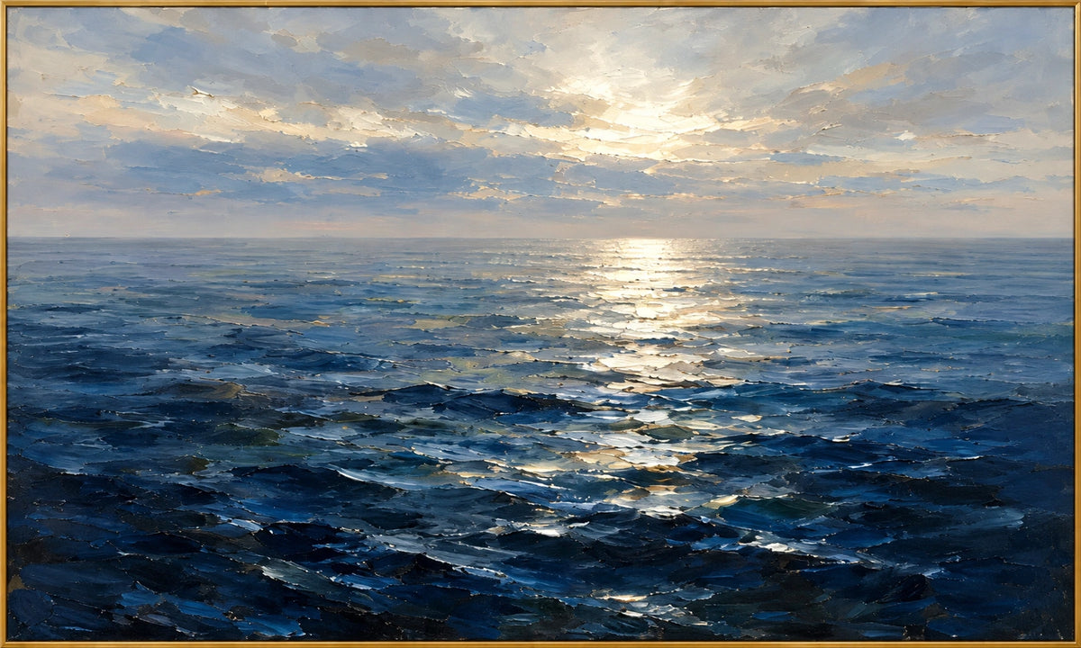 Halcyon Sea | Hand-Painted Seascape Oil Painting | Complete artwork front view with narrow champagne gold fine frame