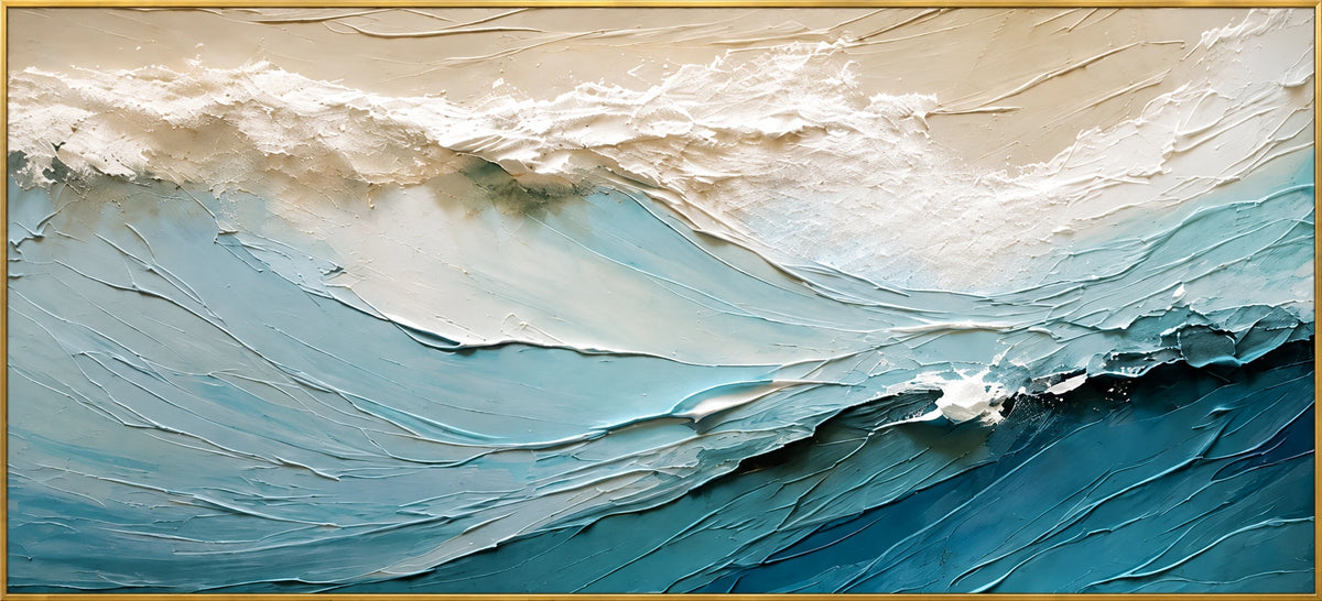 Blue Breaker | Hand-Painted Seascape Oil Painting | Complete artwork front view with narrow champagne gold fine frame
