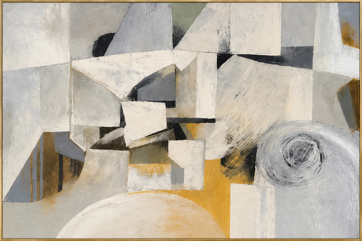 Ochre Planes | Hand-Painted Abstract Oil Painting | Complete artwork front view with narrow champagne gold fine frame