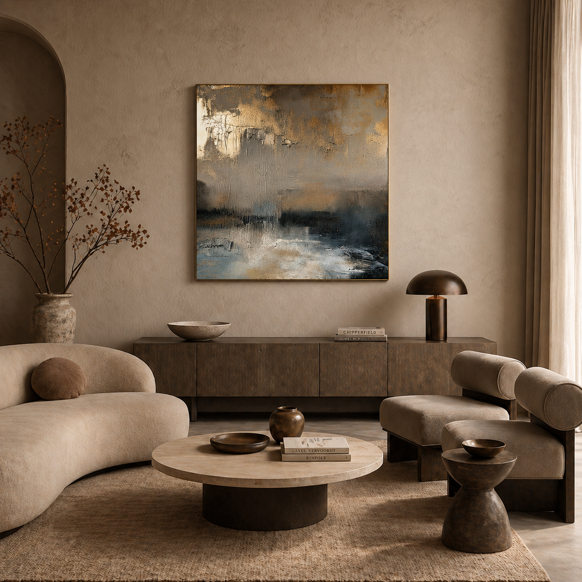 Golden Dusk, square canvas in a living room