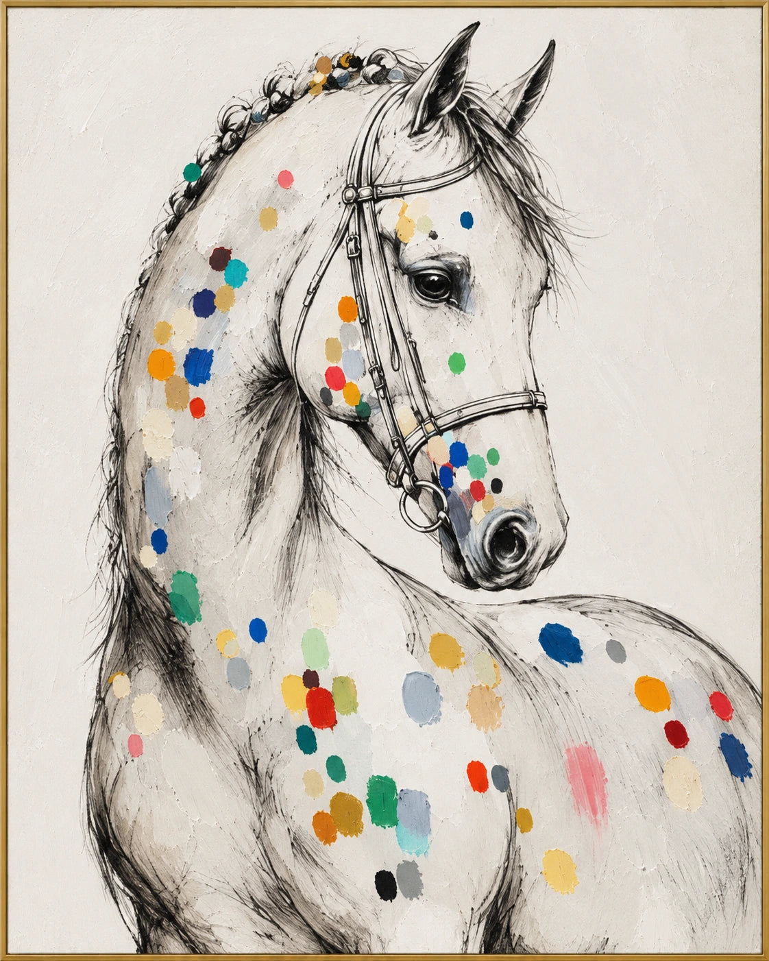Dappled Grace | Hand-Painted Horse Portrait Oil Painting | Complete artwork front view with narrow champagne gold fine frame