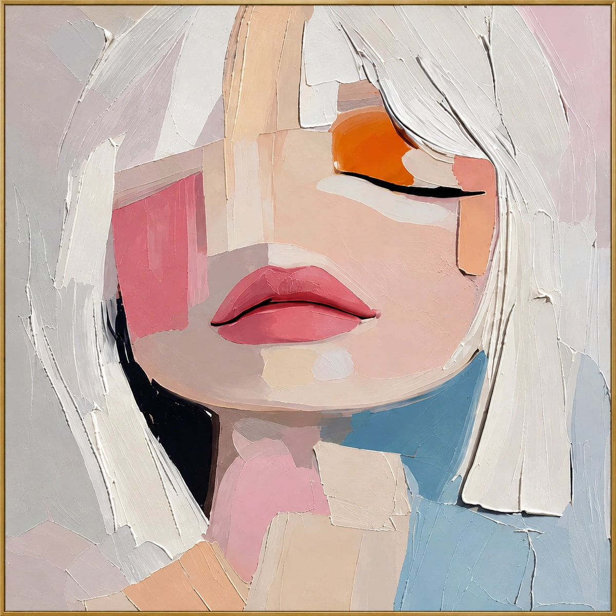 Rose Lips | Hand-Painted Figurative Oil Painting | Complete artwork front view with narrow champagne gold fine frame