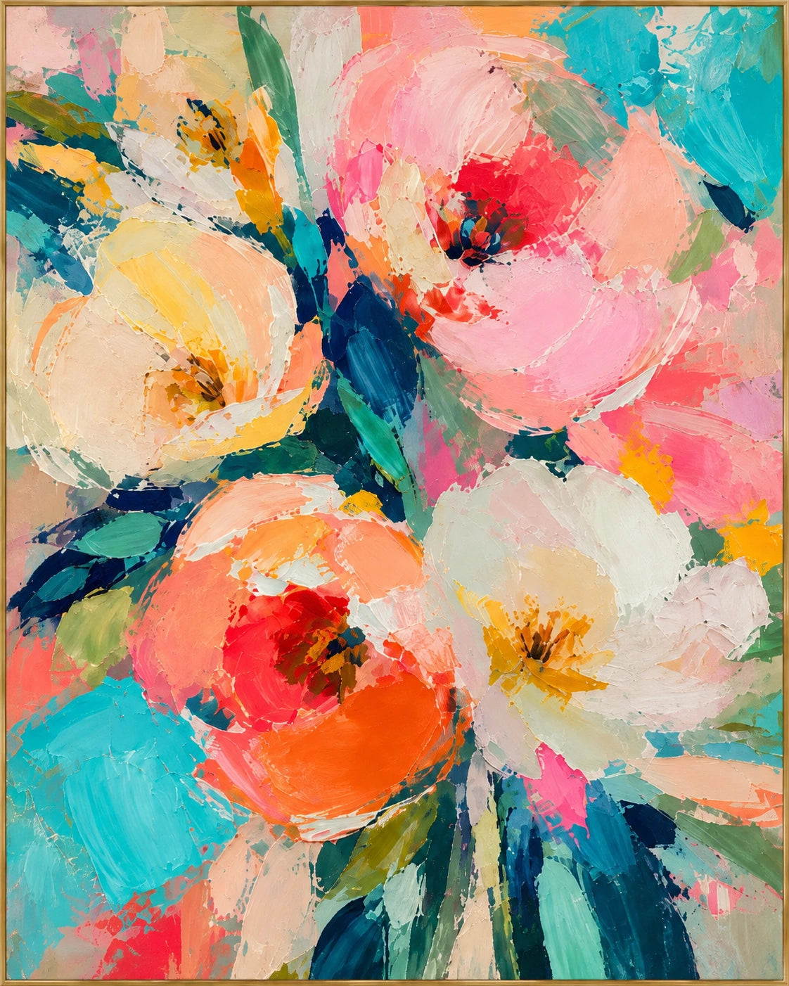 Coral Motion | Hand-Painted Floral Oil Painting | Complete artwork front view with narrow champagne gold fine frame