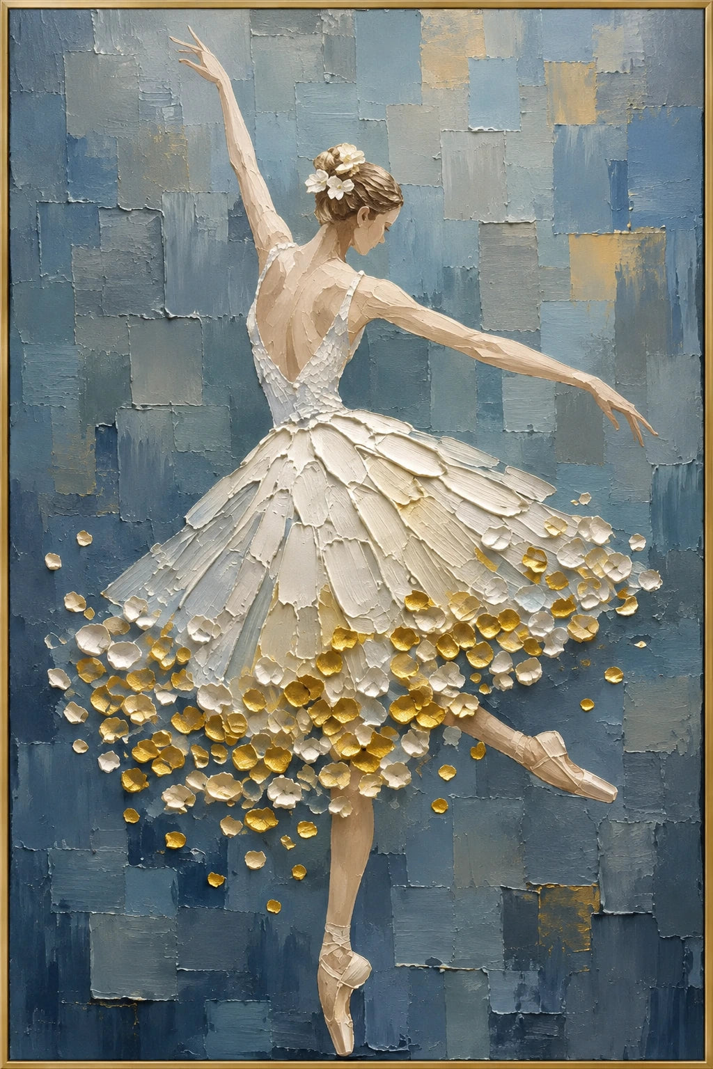 Petal Pirouette | Hand-Painted Ballet Oil Painting | Complete artwork front view with narrow champagne gold fine frame