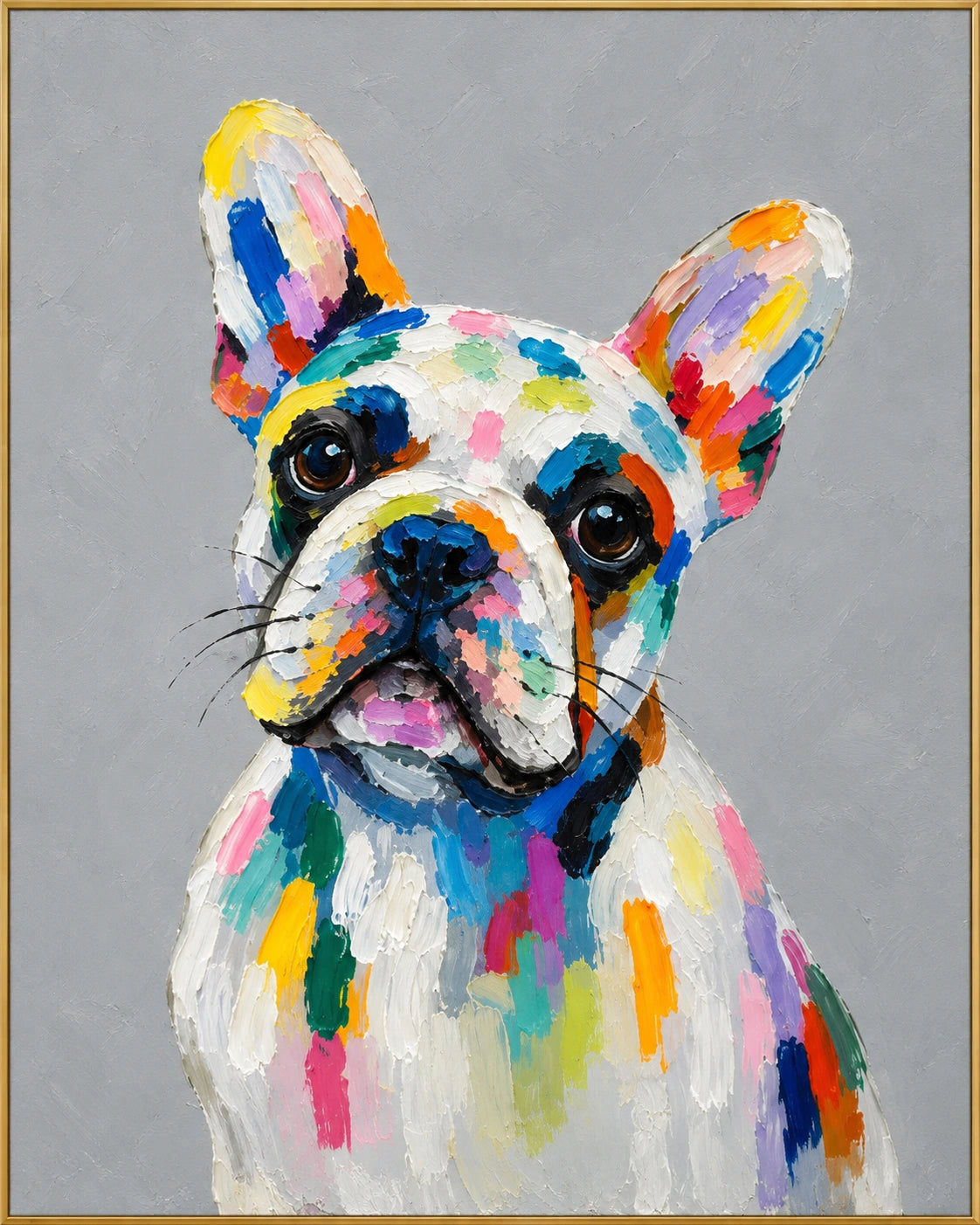 Confetti Bulldog | Hand-Painted Pet Portrait Oil Painting | Complete artwork front view with narrow champagne gold fine frame
