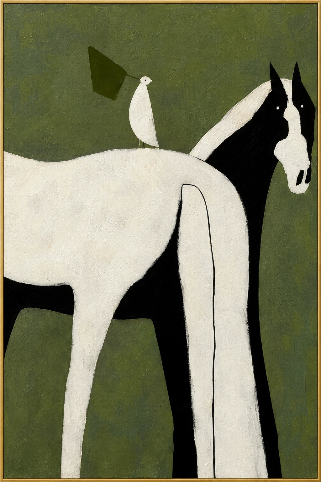 Quiet Companion | Hand-Painted Horse and Bird Oil Painting | Complete artwork front view with narrow champagne gold fine frame