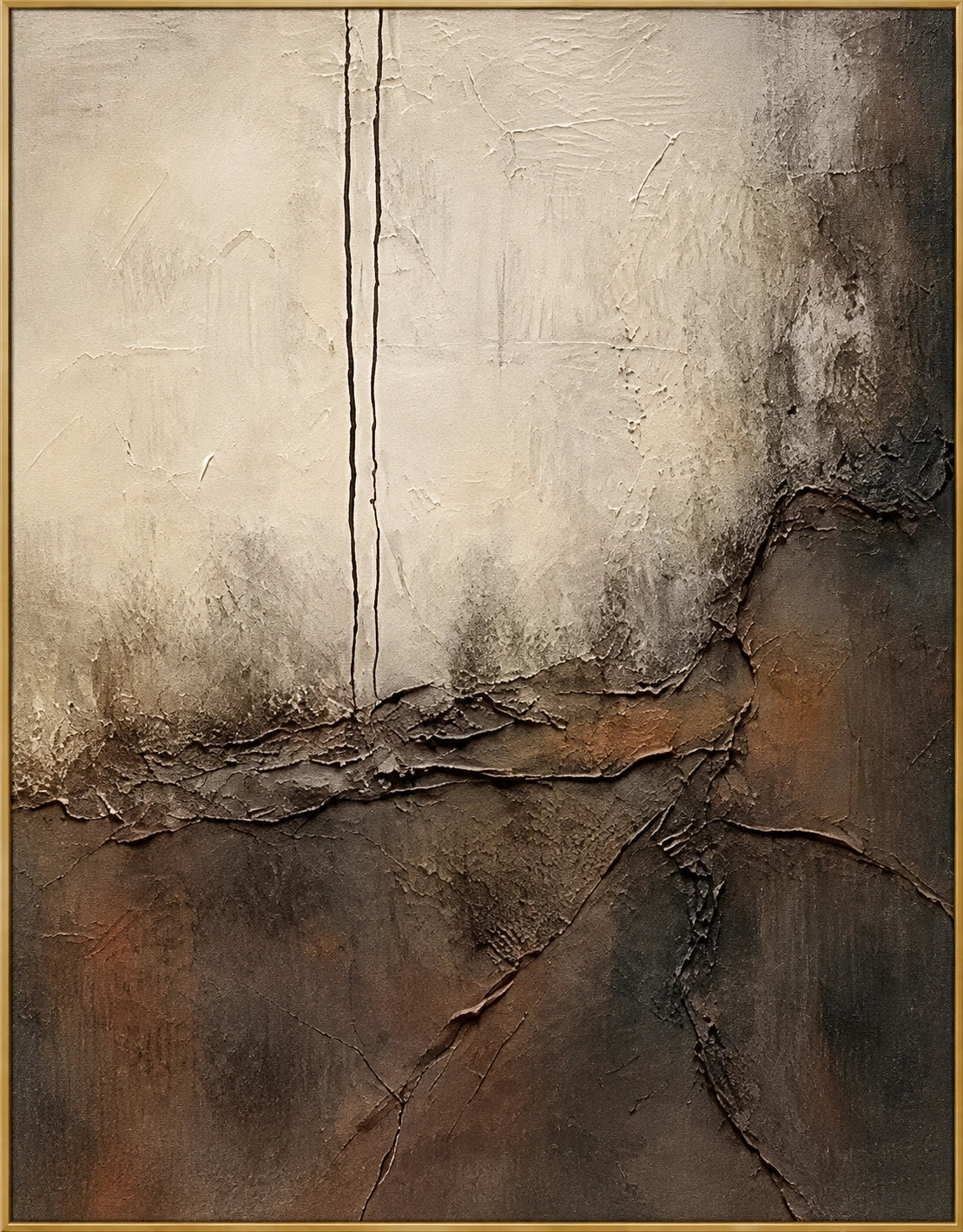 Quiet Divide | Hand-Painted Abstract Landscape Oil Painting | Complete artwork front view with narrow champagne gold fine frame