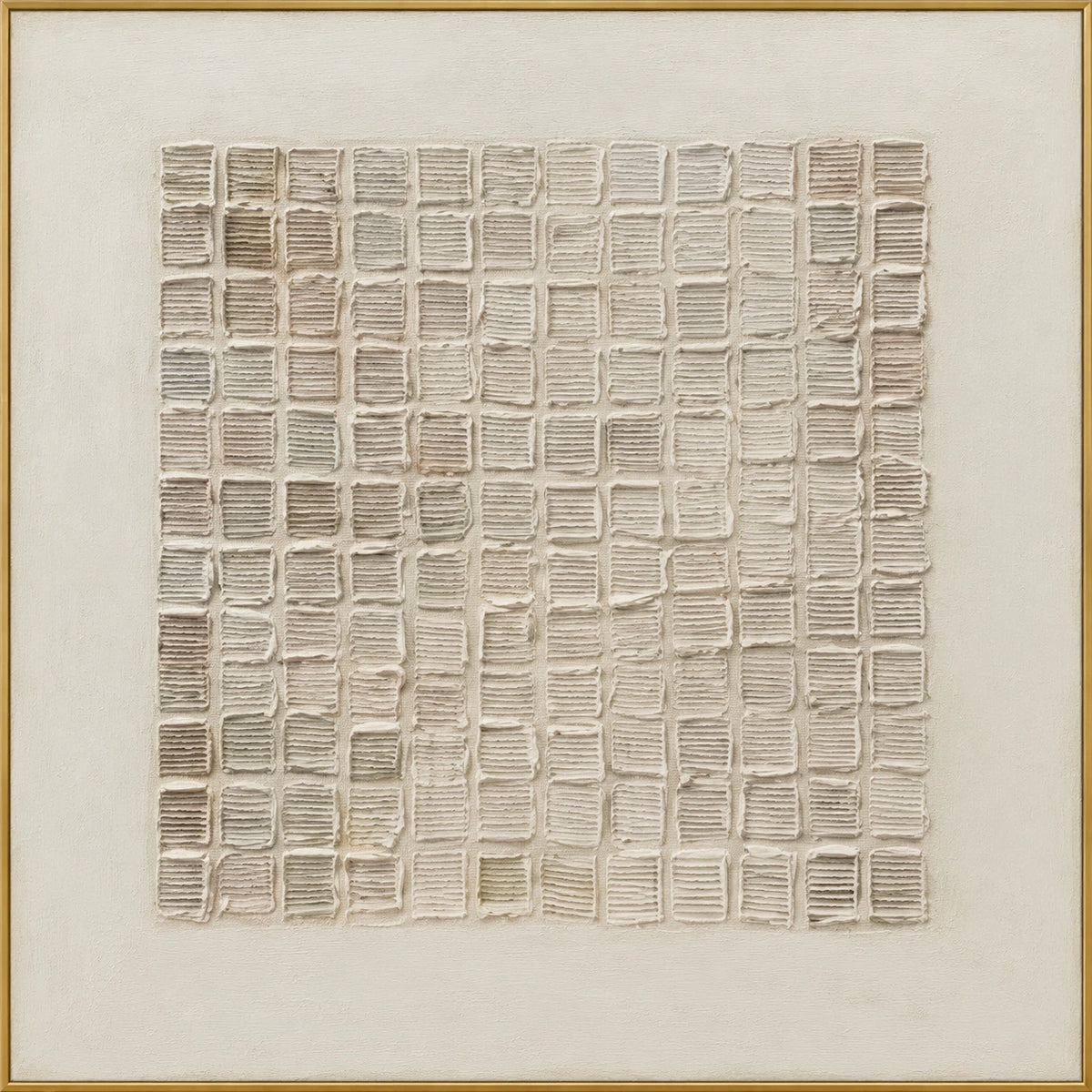 Weathered Ledger | Hand-Painted Textured Grid Abstract Oil Painting | Complete artwork front view with narrow champagne gold fine frame