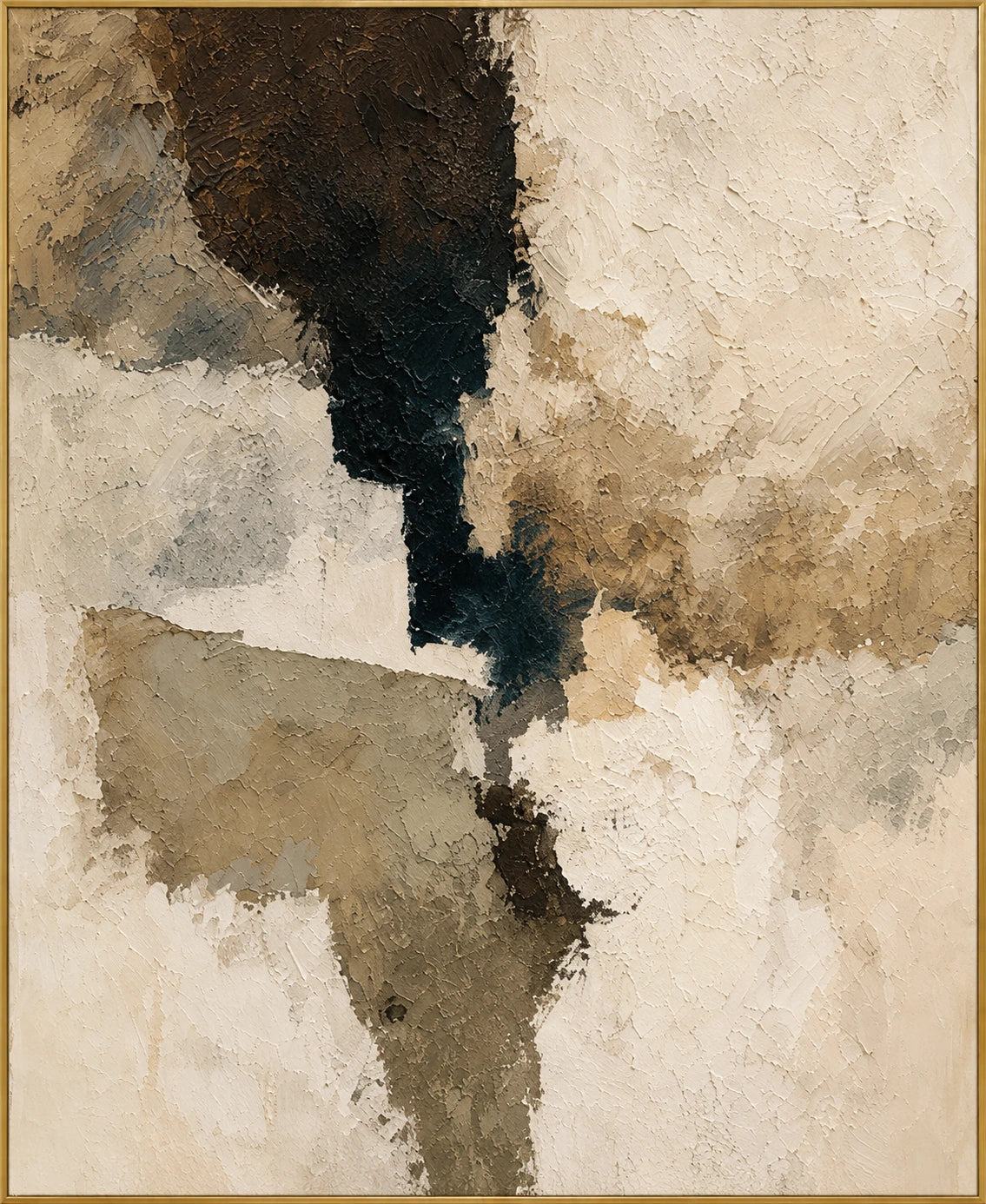 Charcoal Rift | Hand-Painted Abstract Oil Painting | Complete artwork front view with narrow champagne gold fine frame