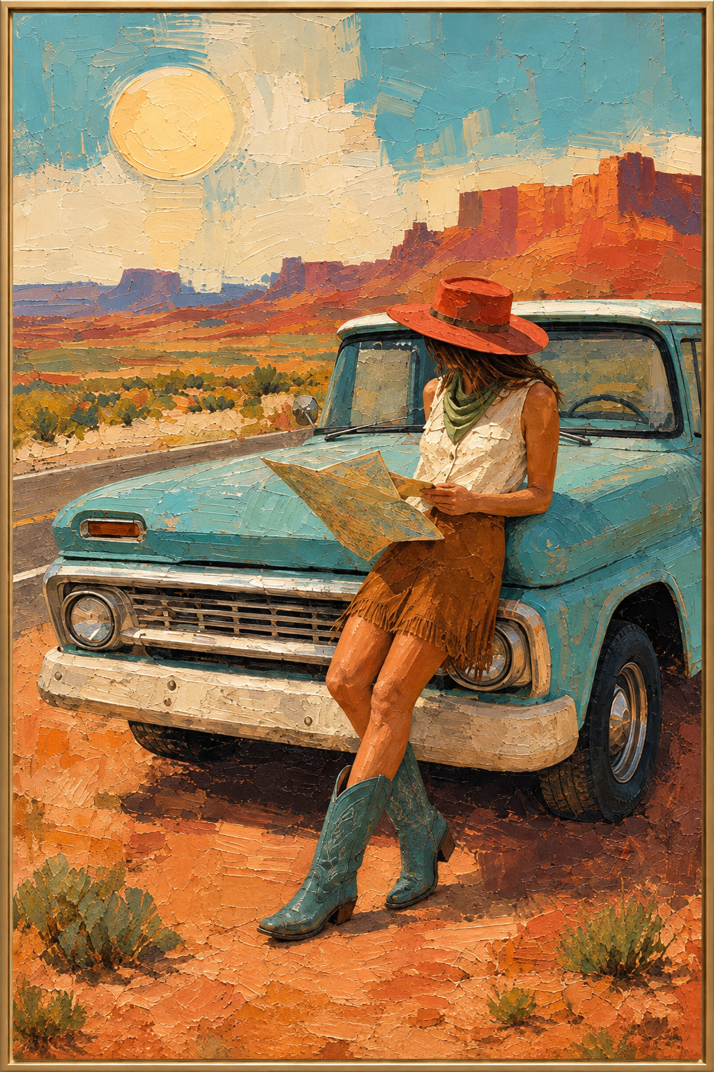 Mesa Journey | Hand-Painted Cowgirl and Vintage SUV Oil Painting | Complete painting, narrow champagne bronze-gold frame, front view