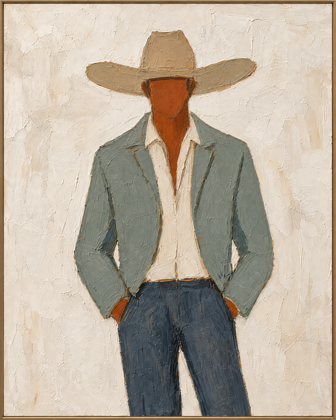 Blue Coat | Hand-Painted Cowboy Portrait Oil Painting | Complete painting, narrow champagne bronze-gold frame, front view