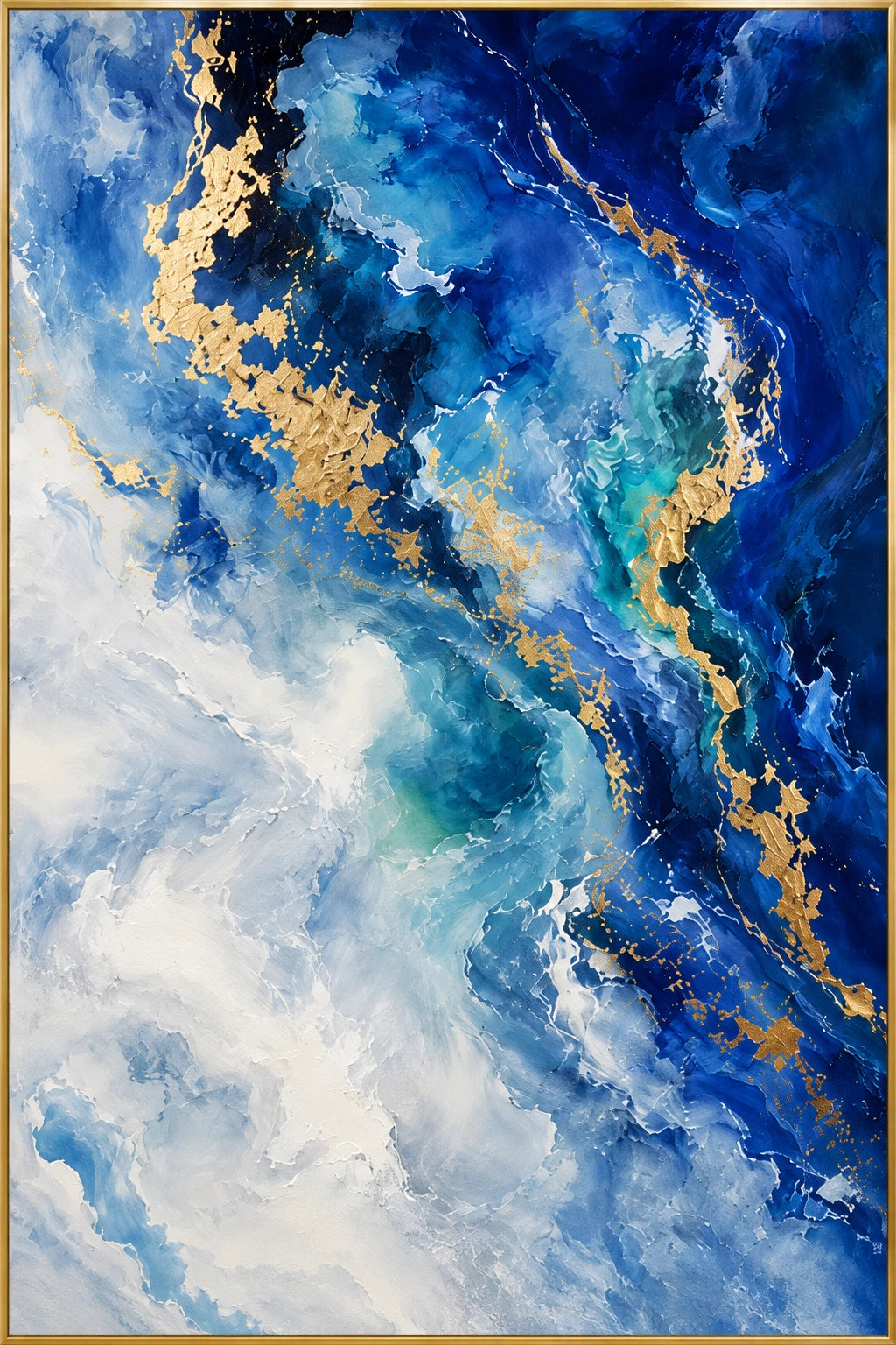 Cobalt Veins | Hand-Painted Abstract Oil Painting | Complete artwork front view with narrow champagne gold fine frame