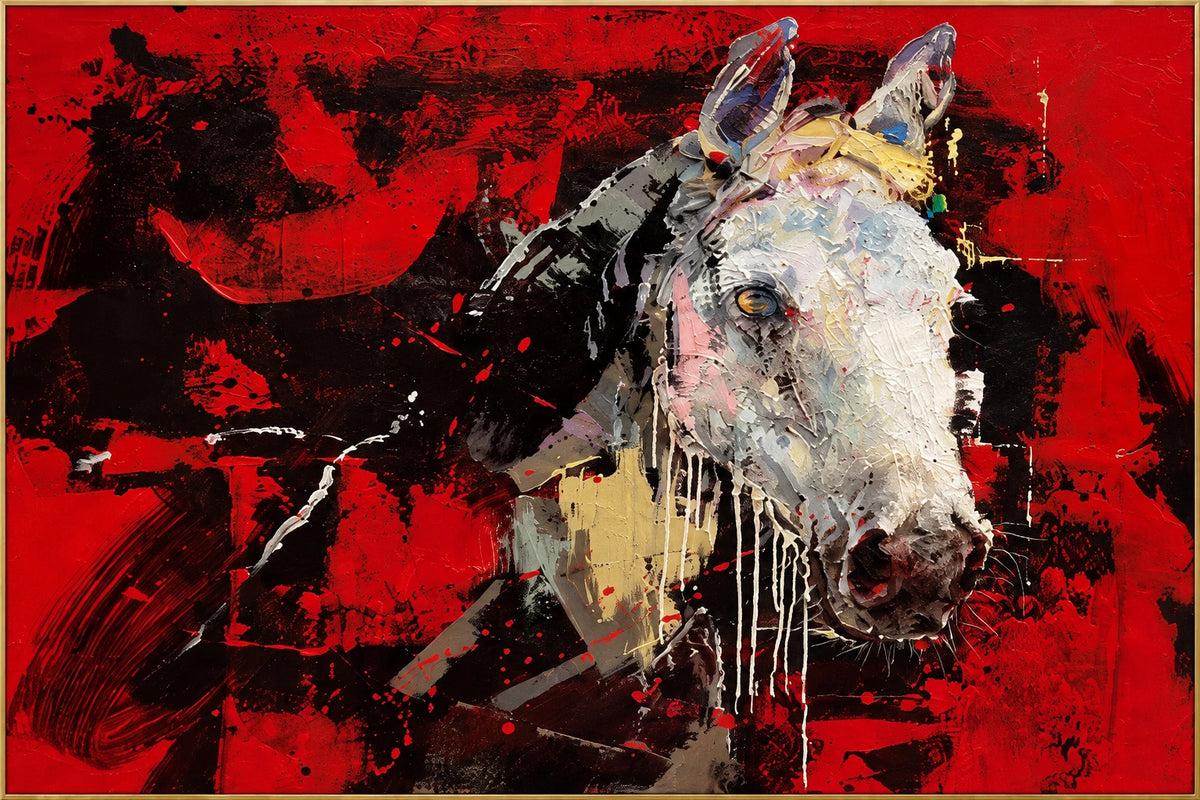 Red Storm | Hand-Painted Bull Portrait Oil Painting | Complete artwork front view with narrow champagne gold fine frame