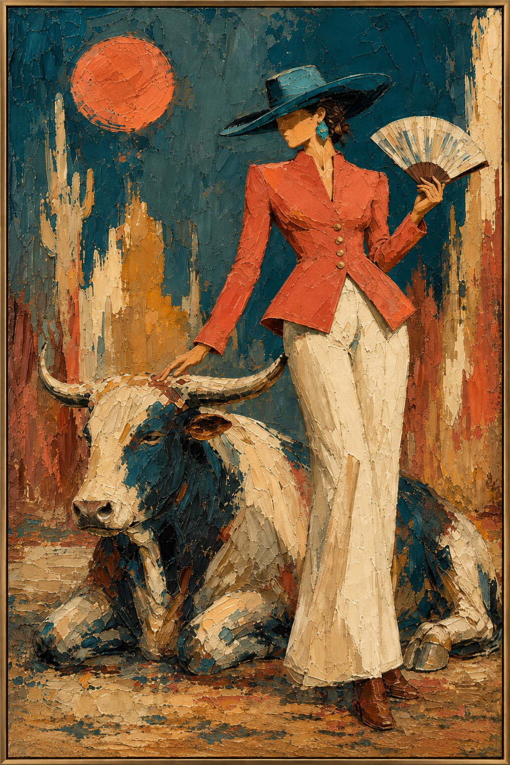 Wild Regard | Hand-Painted Cowgirl and Bull Oil Painting | Complete painting, narrow champagne bronze-gold frame, front view