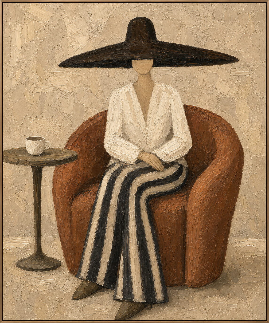 Brimmed Solitude | Hand-Painted Figurative Oil Painting | Complete painting, narrow champagne bronze-gold frame, front view