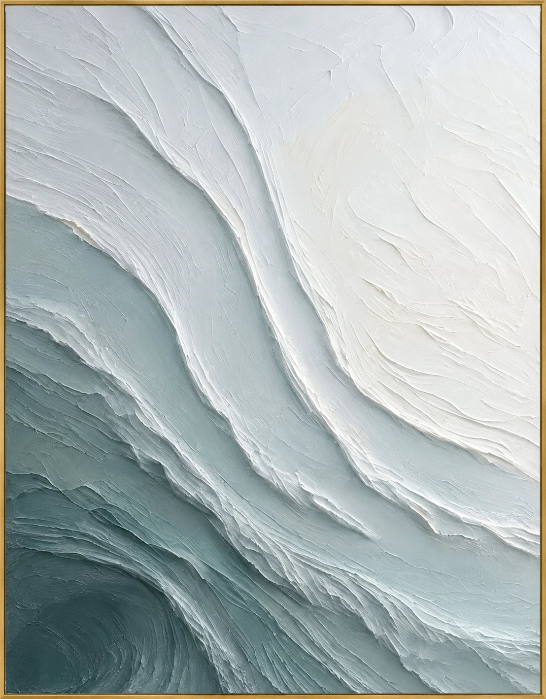 Pale Blue Current | Hand-Painted Coastal Abstract Oil Painting | Complete artwork front view with narrow champagne gold fine frame