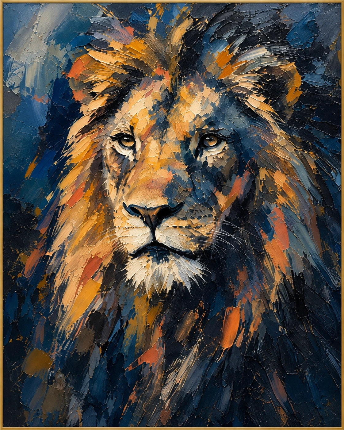 Blue Shadow | Hand-Painted Wildlife Oil Painting | Complete artwork front view with narrow champagne gold fine frame