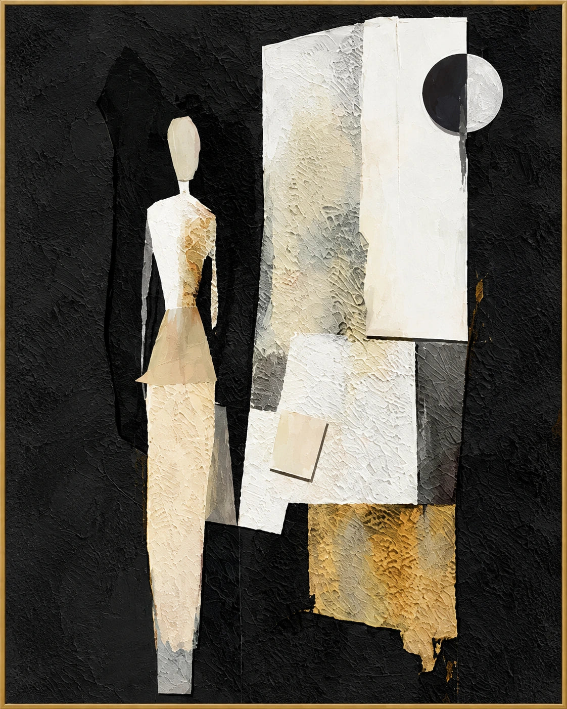 Shadowed Figures | Hand-Painted Figurative Oil Painting | Complete artwork front view with narrow champagne gold fine frame