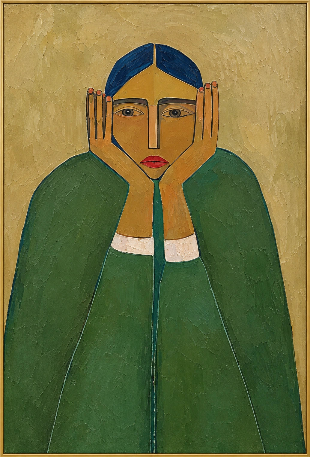 Red Hat Reverie | Hand-Painted Portrait Oil Painting | Complete artwork front view with narrow champagne gold fine frame