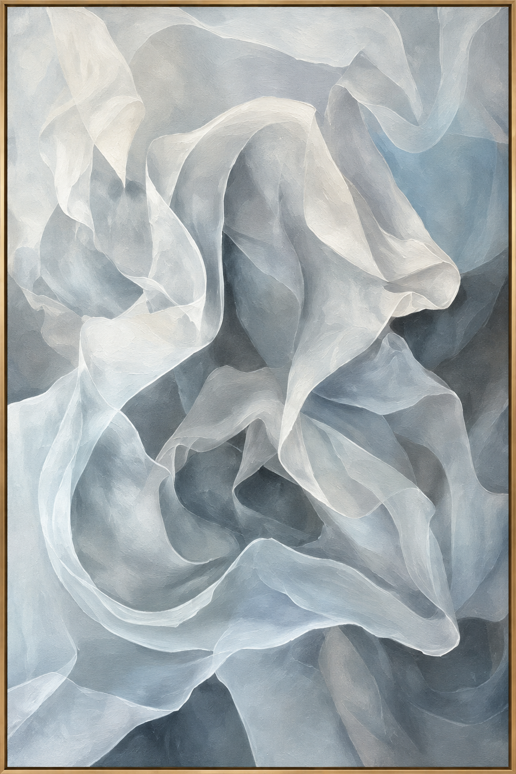 Silver-Blue Folds | Hand-Painted Abstract Oil Painting | Complete painting, narrow champagne bronze-gold frame, front view