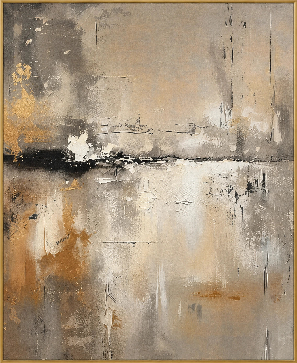 Pale Gold Intervals | Hand-Painted Abstract Oil Painting | Complete artwork front view with narrow champagne gold fine frame